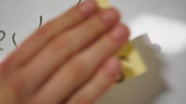 İşçi elleri, iş yerindeki beyaz tahtaya çıkartma yapıştırıyor. Ofis odasındaki kağıtta tanınmayan bir işadamı damgası var. Satışların çalışmasını amaçlayan isimsiz girişimci