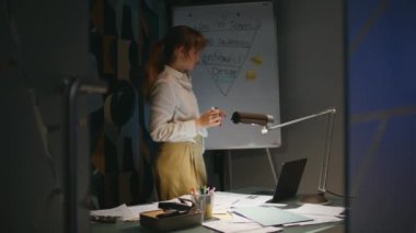 Patroniçe ofiste geç saatlere kadar kalıyor. Ciddi bir iş kadını, akşam işyerinde işi bitirme gününü kapatıyor. Çok çalışan kadın ödevlerini bitirmeye hazırlanıyor. Kendine güvenen kız uzaklaşıyor.