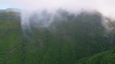 İnsansız hava aracı sisli dağların sakin sabahları manzarası. Bereketli orman bitkileri dağlık arazileri kaplar. Sisli bulutların altında yürüyüş yolları olan huzurlu, uzak bir arazi. Yazın resimli açık hava macerası.
