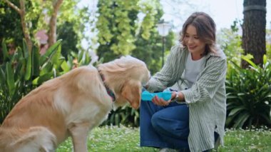 Evcil hayvan sahibi, güneşli doğa olayında sevimli tüylü arkadaşına su veriyor. Green Park 'taki biberondan Golden Retriever içen sevgi dolu kadın. Köpekler açık havada mutlu bir kızla ferahlatıcı içkinin keyfini çıkarırlar.. 