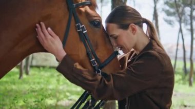 Equestrienne at aşkı anı. Yazlık ormanlık alanda yakın çekim. Yumuşak kadın yemyeşil doğada kahverengi hayvanı okşuyor. Güzel bir parkta gülümseyen kadın evcil hayvana bağlanıyor. Mutlu kadın nazikçe okşayan aygır