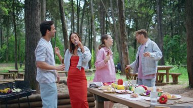 Dans eden arkadaşlar yeşil parkta pikniğin tadını çıkarıyorlar. Mutlu gençler, hafta sonu Sunny Park 'taki toplantıda ellerinde bira şişeleriyle ritim tutuyor. Tasasız gençler birlikte eğleniyorlar. Doğada rahatlar.