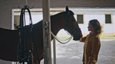 Calm lady petting equine in ranch closeup. Happy horse animal enjoying affectionate touch from smiling female owner in paddock. Adult woman bonding with loyal companion at barn place in hippodrome clipart