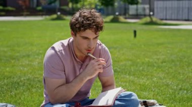 Çevrimiçi yönetici, yeşil çimenlerin kapanışında oturma battaniyesiyle projeyi tartışıyor. Telif defterinde yazan ciddi bir öğrenci uzaktan çalışıyor. Düşünceli serbest çalışan dizüstü bilgisayarla sanal toplantı yapıyor..