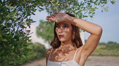 Bahçedeki çimenlikte güneşlenmekten hoşlanan şehvetli bir kadın. Zeytin ağacı portresinin yanında kameraya poz veren narin bir kız gördüm. Kırsal kesimde yaz mevsiminde yüzü elle kaplayan genç bir bayan. 