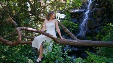 Romantik bir kadın ağaçta tek başına dinleniyor. Beyaz elbiseli, gülümseyen kadın model ormanda şelalenin yanında rahatlayan kameraya bakıyor. Hayalperest kız, sallanan bacaklar yeşilliğin tadını çıkarıyor.