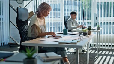 Çalışan kadın, şirket işyerindeki proje ödevi üzerine yazı yazmakla meşgul. Ofiste bilgisayar arayan ciddi bir iş kadını. Akıllı yönetici iş fikirlerini defterine kaydediyor