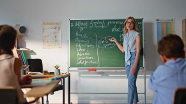 Bilgiyi tahtaya doğrultan yetenekli öğretmen konuşan çocuklar. İlkokul öğretmenliği yapan profesyonel bir bayan öğretmen. Akıllı kadın eğitmen sınıftaki çocuklara ders veriyor..