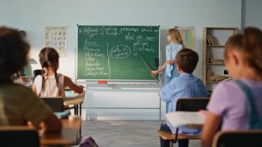 Gülümseyen kadın ilkokulda İngilizce dersi veriyor. Profesyonel öğretmen çocukların el kaldırmasını isteyen kuralları açıklıyor. Dost canlısı bayan eğitimci işaretleyici ile kara tahta metni gösteriyor.
