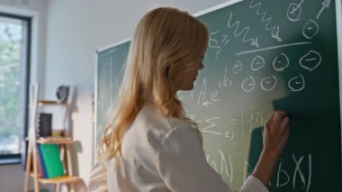 Sınıf tahtasına matematik formülleri yazan kadın öğretmen. Gözlüklü sarışın kadın, gemide bilinmeyen öğrencilere denklemler çözüyordu. Gülümseyen profesyonel eğitimci okul sınıfına konuşuyor..