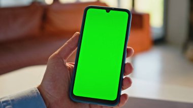 Chromakey cep telefonu tutan kimliği belirsiz bir çalışan yakın çekimde oturuyor. Konforlu evde yeşil ekran akıllı telefona bakan tanınmayan biri. Şirket yöneticisi Webinar 'ı izleyen sahte telefon arıyor.