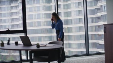 Şirket krizinden hayal kırıklığına uğramış bir iş kadını cep telefonu diye bağırıyor. Modern ofis penceresinin önünde cep telefonuyla bağıran çılgın iş kadını. İş yerindeki anlaşmazlık yüzünden gergin kadın tartışıyor.