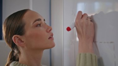 Kabine kapanışında odaklanmış eğitimci yazı tahtası denklemi çözüyor. Okulda elinde keçeli kalemle matematik öğreten genç bir profesör. Beyaz tahtaya kıvrımlar çizen ciddi bir kadın. Eğitim kavramı