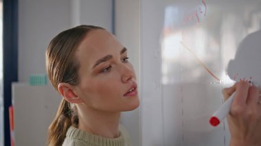 Odaklanmış eğitimci, beyaz tahtaya yakın çekim denklemi çözüyor. Okulda formül yazan ciddi matematik öğretmeni diyagramlar çiziyor. Akıllı kadın kabinede ders vermeye hazırlanıyor. İnsanlar ve bilgi kavramı 