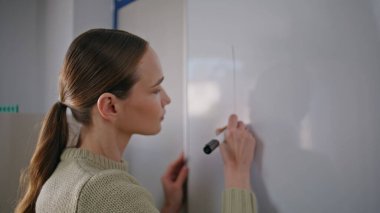 Okulun konferans salonunda elinde keçeli kalemle diyagram çizen kadın profesör. Genç akıllı öğretmen sofistike matematiksel formül formülü yazıyor. Eğitim kavramı öğrenir 