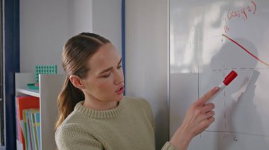 Konuşan kadın okulda matematik öğretiyor. Sınıfta elinde keçeli kalemle denklemi açıklayan akıllı eğitimci. Genç profesör beyaz tahtayı işaret ederek kabinedeki konferans salonuyla konuşuyor.