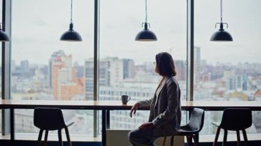 İş kadını dinlenme lüks şehir ofis zoom. Şirket çalışanı şehir manzaralı panoramik pencereyi kırmayı sever. Moda müdürü proje konularını düşünüyor. Kadın avukat müvekkili yalnız bekliyor. 