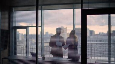 Meslektaşların silueti şehir manzaralı kabinede dokümanları tartışıyor. Bilinmeyen adam ve kadın karanlık ofis içinde evraklara bakıyor. Lüks ajansla sözleşme yapan isimsiz bir iş çifti. 