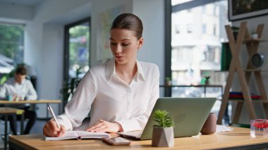 Proje üzerinde çalışan yaratıcı bir kadın deftere fikirler yazıyor. Ofisi açık, yakın çekim yapıyor. İş yerinde dizüstü bilgisayarda çalışan kadın yönetici. Bilgisayardan bilgi alan zarif bir iş kadını..