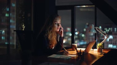 Gece müdürü cep telefonu panoramik karanlık iş yerini arıyor. Kız iş danışmanı elinde dizüstü bilgisayarla büro masasında oturmuş notlar yazıyor. Güzel iş kadını telefon görüşmesi yapıyor.