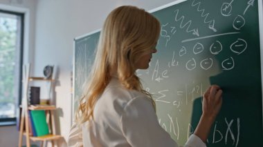 Sınıf tahtasına matematik formülleri yazan kadın öğretmen. Gözlüklü sarışın kadın, gemide bilinmeyen öğrencilere denklemler çözüyordu. Gülümseyen profesyonel eğitimci okul sınıfına konuşuyor..