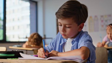 Zeki bir öğrenci, öğretmenini dinleyip yakın çekimde notlar alıyor. Not defterine yazı yazan sevimli çocuk sınıfın masasında oturuyor. İlkokulda sınıf arkadaşlarıyla birlikte okuyan özenli bir öğrenci. İlkokul