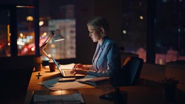 Akşam ofisinde interneti arayan gülümseyen iş kadını. Masadaki satış projesinde çalışan bir müdür. Neşeli, profesyonel, aşırı çalışan çek raporları gece vakti. Mutlu şirket çalışanı 