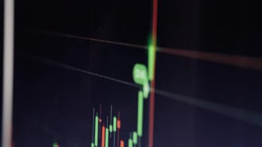 Kırmızı ve yeşil şamdanlarla fiyat dalgalanmalarını gösteren ticaret haritasının ayrıntılı görüntüsü. Bilgisayarda soyut borsa barı ve mum çubuğu grafiği. Finansal piyasa veri değişimi kavramı 