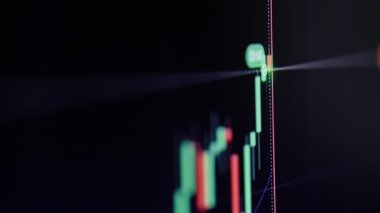 Borsa yatırım alım satımının iş mumu grafiği. Grafik soyut boğa piyasa tasarımı eğilimi. Sergilenen makroda finansal kırmızı ve yeşil noktalar var. Bitcoin konsepti 