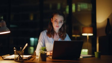 Şaşırtıcı girişimci, gece ofisindeki bilgisayarda çalışırken elde ettiği başarıyı tatmin etti. Gülümseyen iş kadını, karanlık çalışma alanında başarılı bir başlangıç yaptığı için seviniyor. Heyecanlı serbest çalışan iş teklifi alıyor.