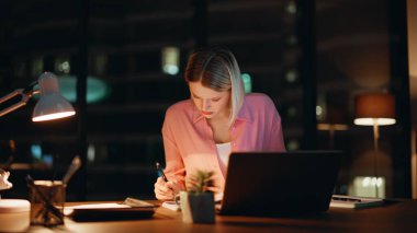 Gece işyerinde evrak işleriyle uğraşan çalışkan bir yönetici. Gazetelerde yazan ciddi bir iş kadını karanlık ofiste dizüstü bilgisayarla oturuyor. Aşırı yüklü muhasebeci içerideki mali raporları inceliyor.