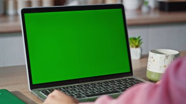 Modern ev işyerinde yeşil ekran dizüstü bilgisayara bakan kimliği belirsiz bir kadın. Mutfaktaki krom anahtar bilgisayarda çalışan tanınmayan bir bayan. Webinar 'ı izleyen öğrenci tek başına internet araştırması yapıyor.