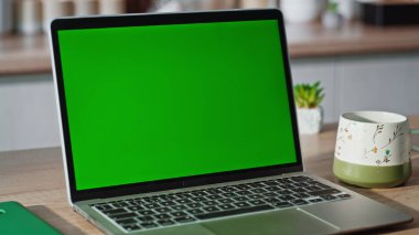 Uzaktan kumandalı parmaklar yeşil ekran dizüstü bilgisayara dokunuyor. Mutfağa yakın oturuyor. İnternet 'te sörf yapan tanınmamış bir iş kadını. Chroma Key bilgisayarında çalışan bir bayan dairede tek başına e- posta açıyor. 