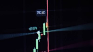 Yakın plan bitcoin ticaretindeki fiyat evrimi. Ekran dalgalanmalarında btc grafiği olan kripto döviz diyagramı ve grafik mumlarıyla değişiklikleri gösteren finansal arkaplan. Para ve ekonomi kavramı 
