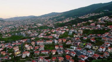 Aerial view dense houses with orange roofs in Mediterranean town. Picturesque urban neighborhoods stretching on green hills. Bright tiled rooftops covering cozy buildings. Architectural town pattern.