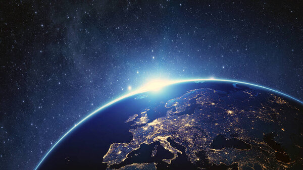 Realistic geography surface and orbit of planet earth with 3D cloud atmosphere and night visible lights of European and Asian countries. Outer space view of the earth globe sphere with continents. 3D 