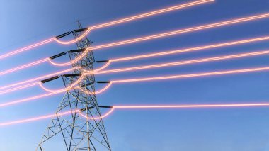 Işıldayan kabloları olan elektrik iletim kuleleri 