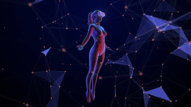 Sanal gerçeklik gözlüğü kullanan bir kadının gelecekteki teknoloji konsepti