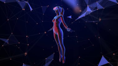 Sanal gerçeklik gözlüğü kullanan bir kadının gelecekteki teknoloji konsepti