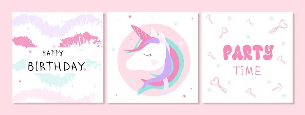 Tekboynuzlu doğum günü partisi kartı. Tek boynuzlu at ile doğum günü partisi afişi.