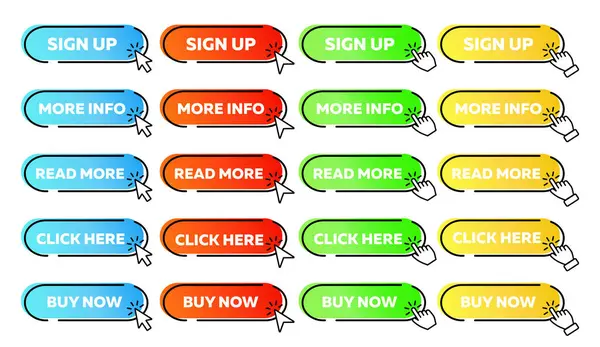 İmzala, Daha Fazla Oku, Buraya Tıkla, Daha Fazla Bilgi, Şimdi Al düğmeleri imleci ile ayarlandı. Web düğmeleri simgesi. Web sitesi için düğmeler.