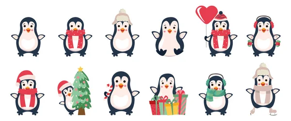 Penguenler karikatür vektör çizimi. Noel pengueni karakterleri