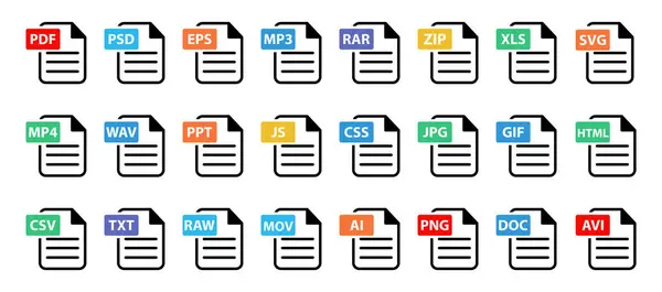 Popüler Dosya tipi simgesi seti. Dosya biçimlerinin toplanması simgeleri. PSD, SVG, CSS, PNG, EPS, ZIP, DOC, MOV ve daha pek çok dosya simgesi.