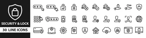 Kilit çizgisi simgeleri ayarlandı. Kilit, Güvenlik, Güvenlik, Güvenli, Simge Koleksiyonunu Aç. Vektör