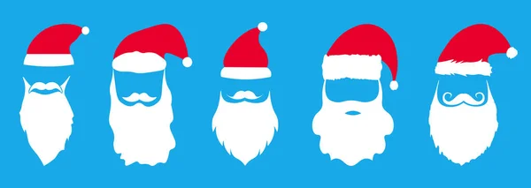 Noel Baba sakalı ve bıyık ikonu koleksiyonu. Claus Kırmızı Şapkalı, Sakallı ve Bıyıklı Yılbaşı Simgeleriyle Karşı Karşıya.