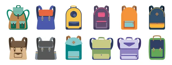Sırt çantası simgeleri seti. Çizgi film Stili Okul Çantaları Simge Koleksiyonu,
