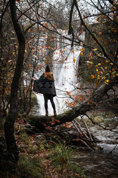 Landscape Waterfall Autumn Young Woman Watching Reddish Trees — Stock Photo, Image