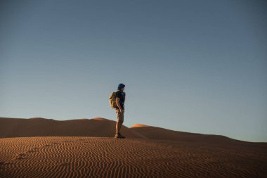 Sırt çantalı bir turist gün batımında Merzouga, Fas 'taki güzel erg chebbi kumullarında yürüyüş yapıyor.