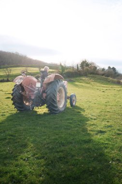 Yeşil bir tarlada traktör süren kadın çiftçi, uluslararası işçi gününü kutluyor.