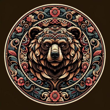 Bu karmaşık sanat eserinde süslü bir mandala çemberinin ortasında heybetli bir ayının kafası sergileniyor..